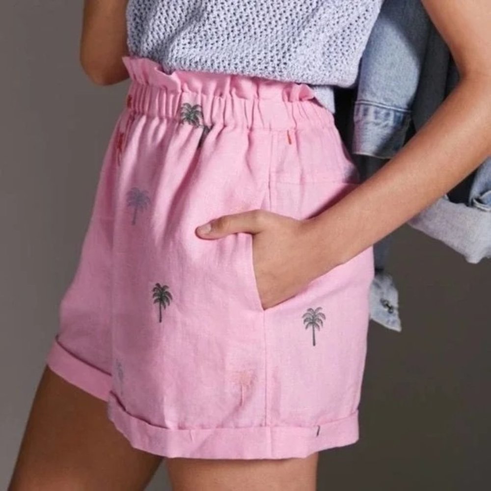 NWT Anthropologie FARM RIO Embroidered Pink Shorts Palm Trees Linen Size M - Picture 4 of 8
